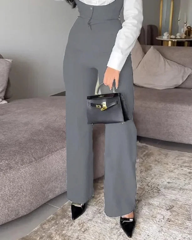 Lapel Solid Color Top Suspender Jumpsuit Two-piece Set