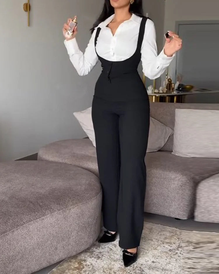 Lapel Solid Color Top Suspender Jumpsuit Two-piece Set