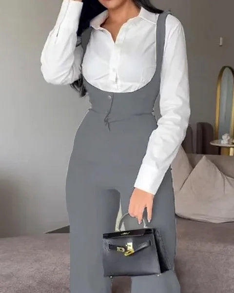 Lapel Solid Color Top Suspender Jumpsuit Two-piece Set