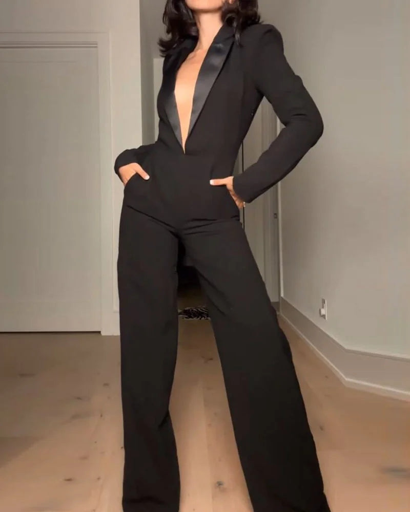 Long-sleeved V-neck Waist Jumpsuit