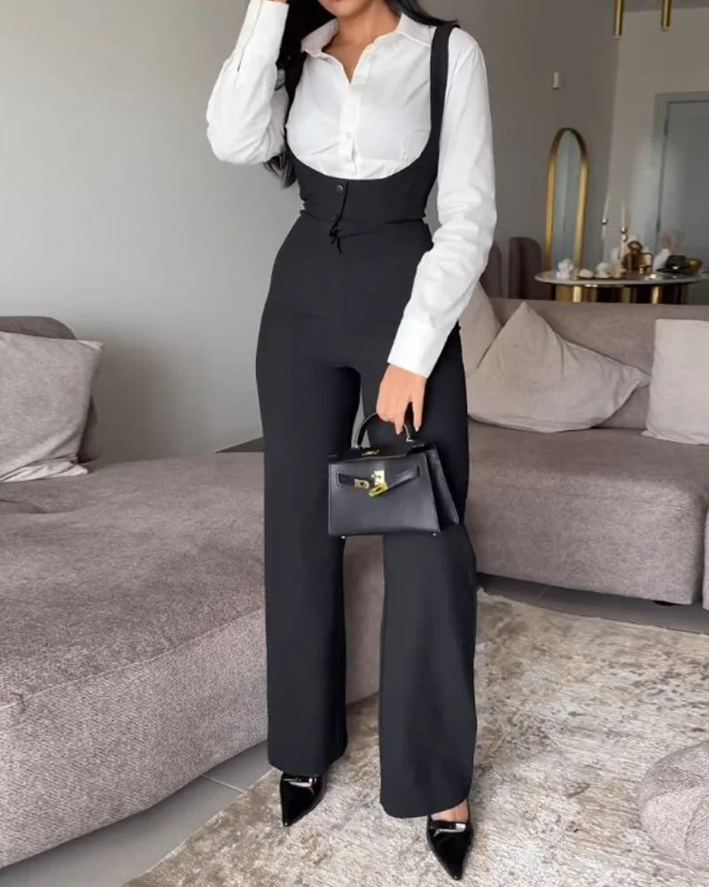 Lapel Solid Color Top Suspender Jumpsuit Two-piece Set