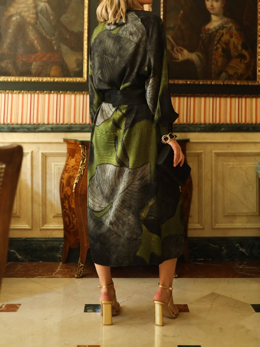 Olive Printed Long Sleeve Midi Dress