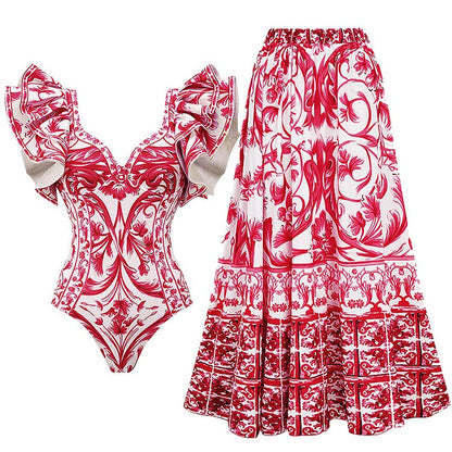 Baroco Style Printed One Piece Swimsuit and Skirt