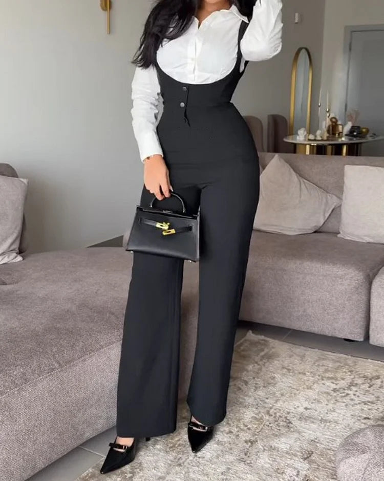 Lapel Solid Color Top   Suspender Jumpsuit Two-piece Set