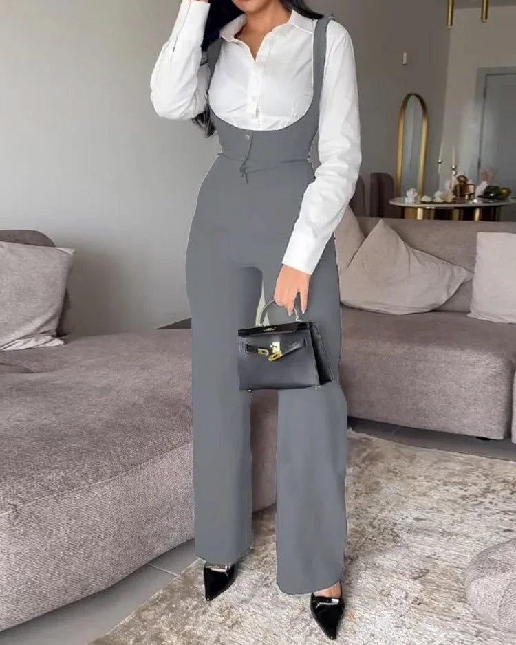 Lapel Solid Color Top   Suspender Jumpsuit Two-piece Set