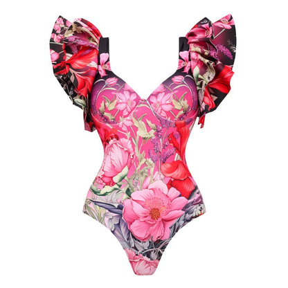 Ruffled Blooming Flowers Print One Piece Swimsuit and Sarong