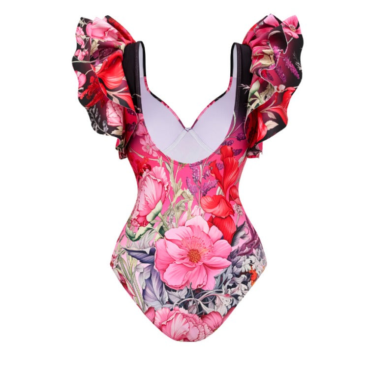 Ruffled Blooming Flowers Print One Piece Swimsuit and Sarong