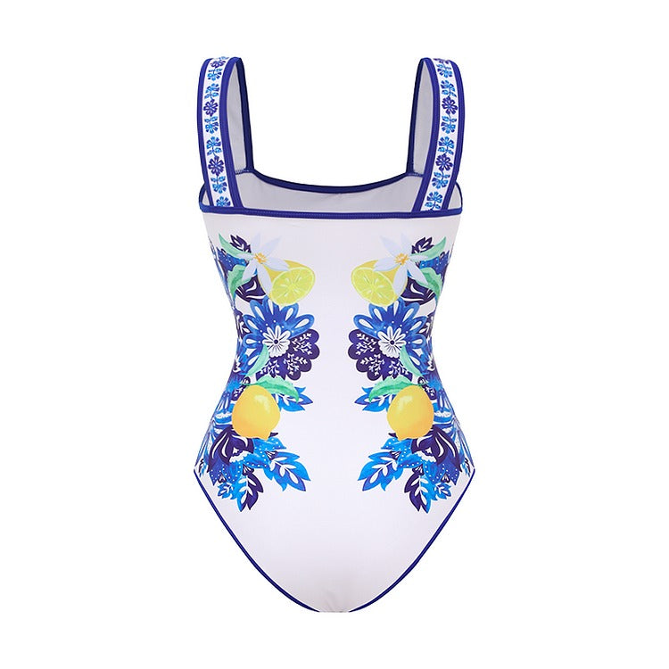 Sling Lemon and Creative Pattern Print One Piece Swimsuit and Skirt