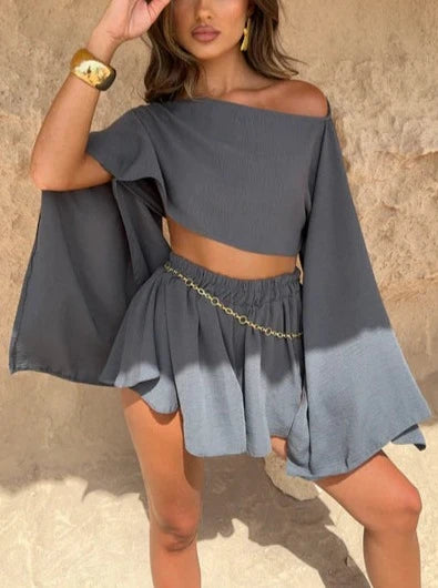 Mae Linen Blend Cropped Wide Sleeved Top And Elastic Waisted Shorts Set