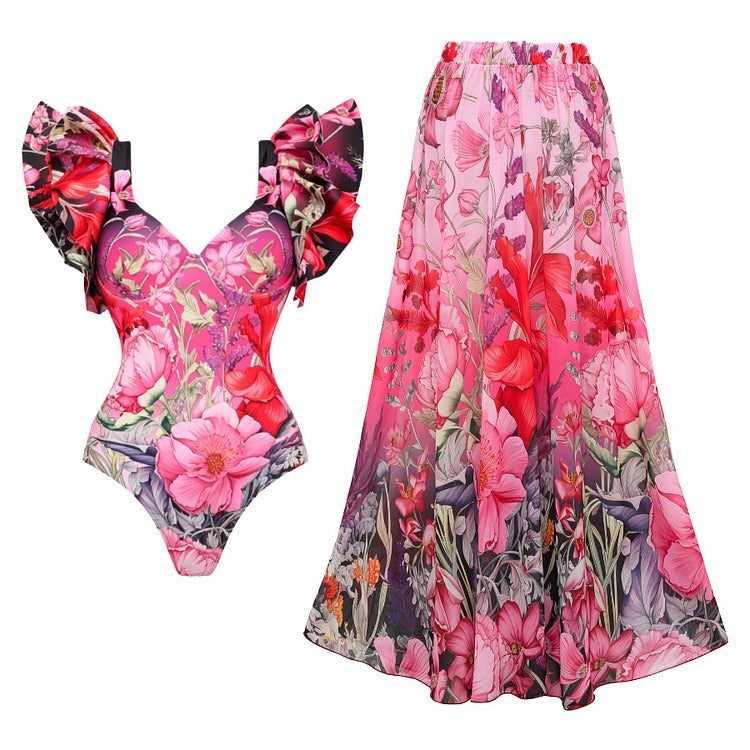 Ruffled Blooming Flowers Print One Piece Swimsuit and Sarong