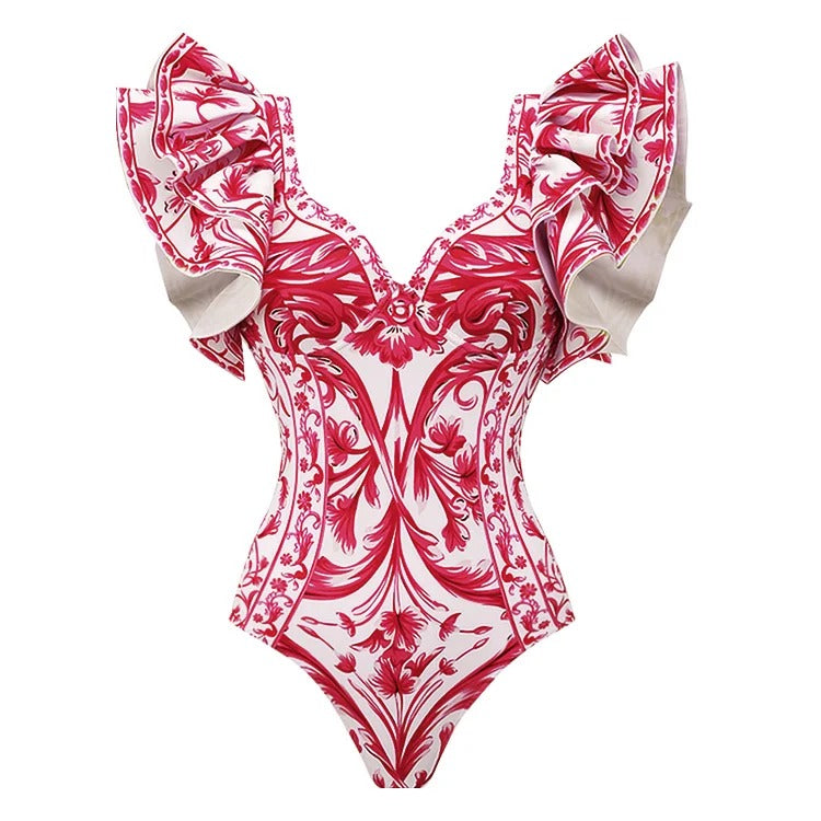 Baroco Style Printed One Piece Swimsuit and Skirt