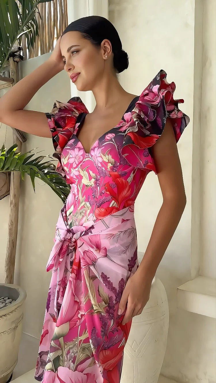 Ruffled Blooming Flowers Print One Piece Swimsuit and Sarong