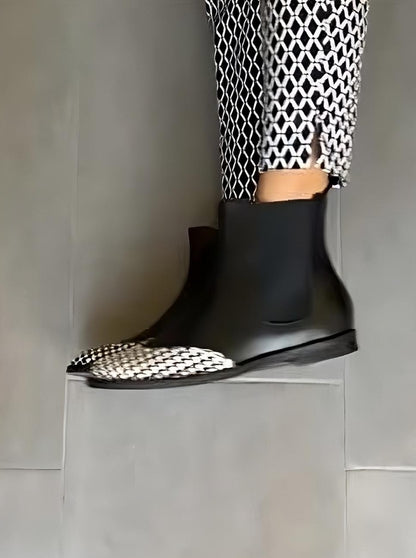 Black Leather Houndstooth Boots