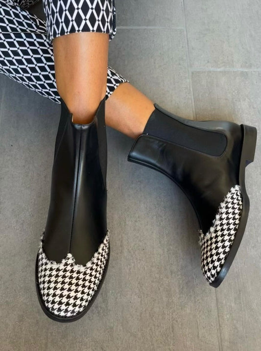 Black Leather Houndstooth Boots