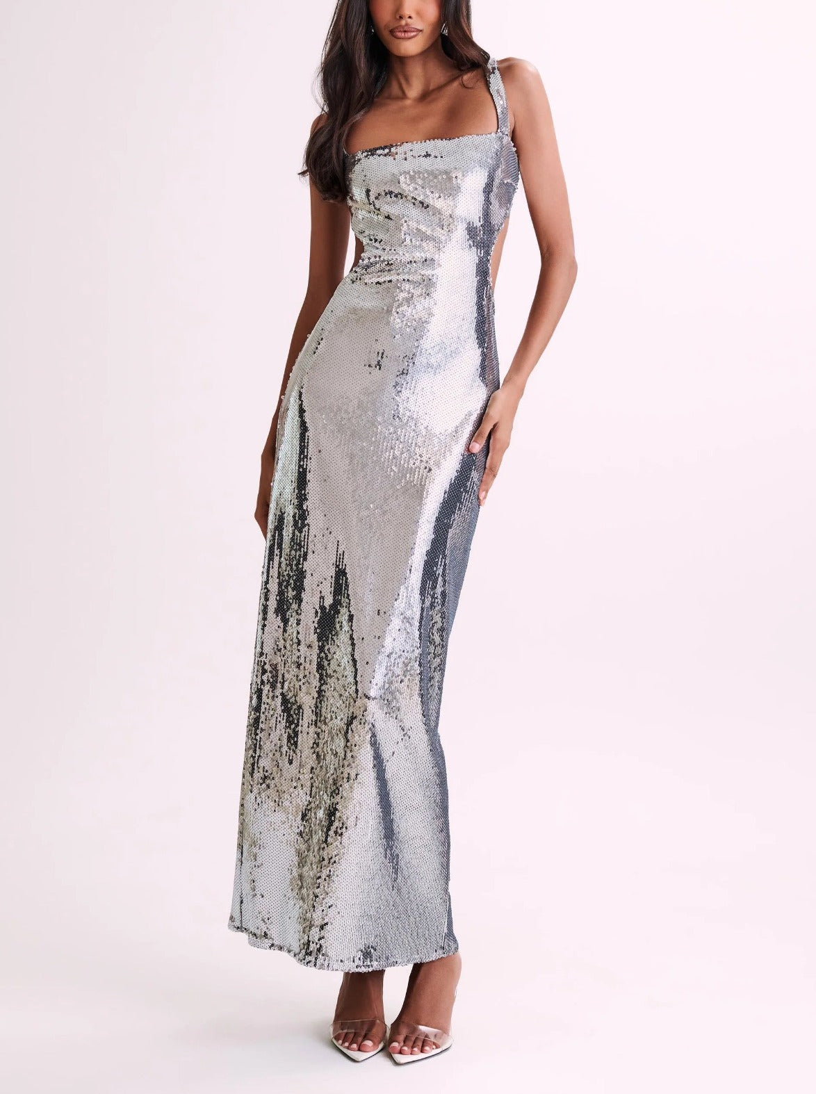 Sequin Cut Out Maxi Dress - Silver – outfitser