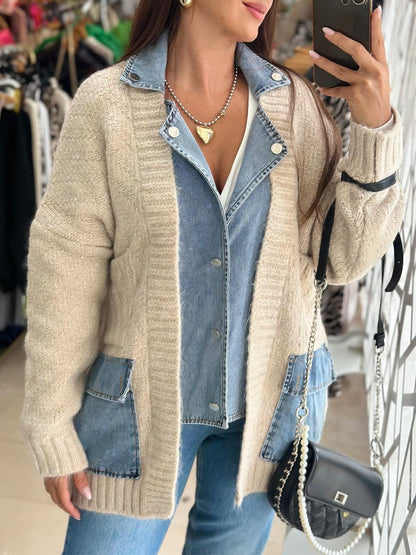 Patchwork Denim Sweater Cardigan Jacket