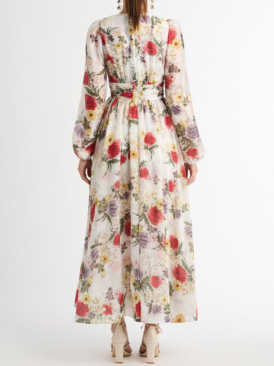 Floral Printed Deep V Neck Dress