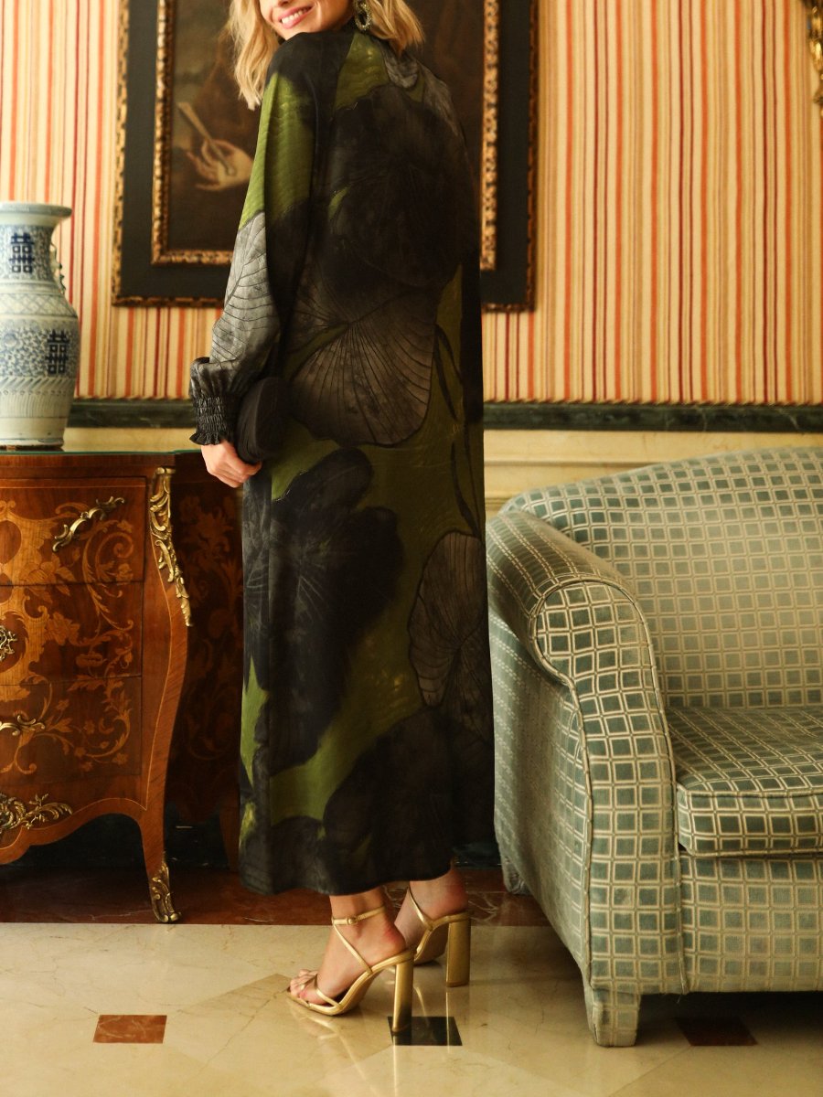 Olive Printed Long Sleeve Midi Dress