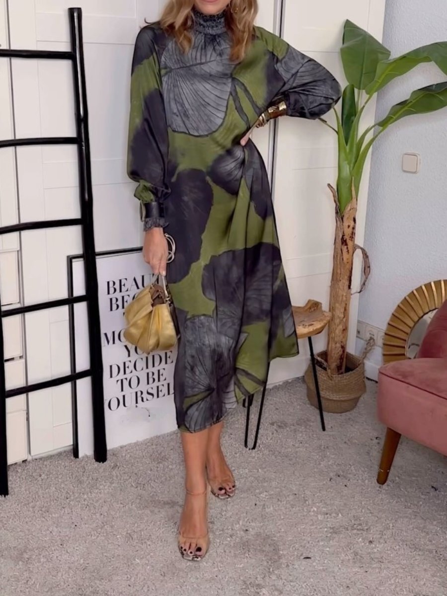 Olive Printed Long Sleeve Midi Dress