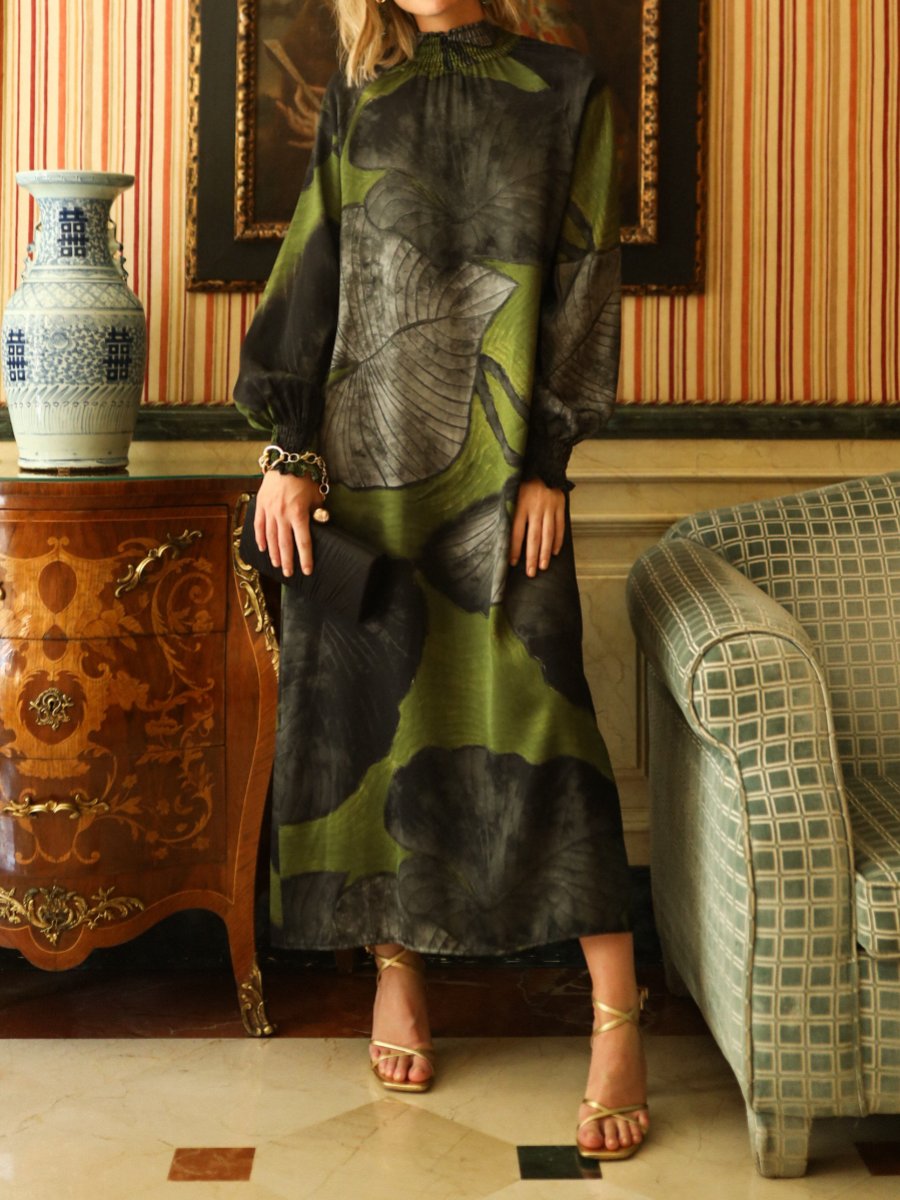Olive Printed Long Sleeve Midi Dress